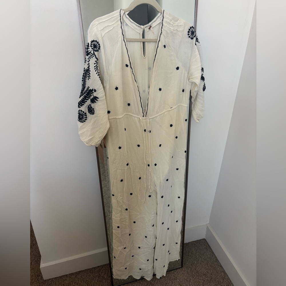 Free People White Jumpsuit with Black Embroidery
